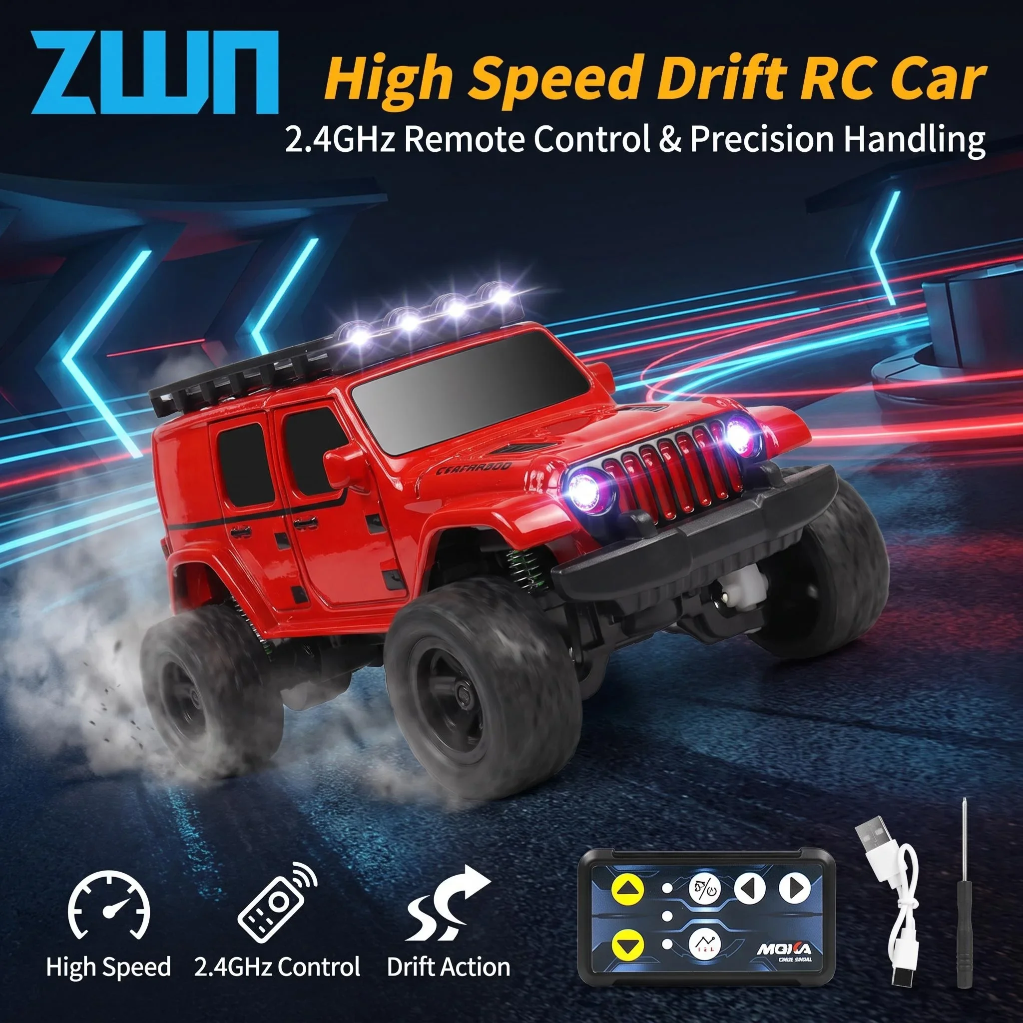 ZWN 1:64 RC Mini Desktop Alloy Car With LED Lights 2.4G Cruise Remote Control Car Off-road Climbing Vehicle Toy For Kids Gift