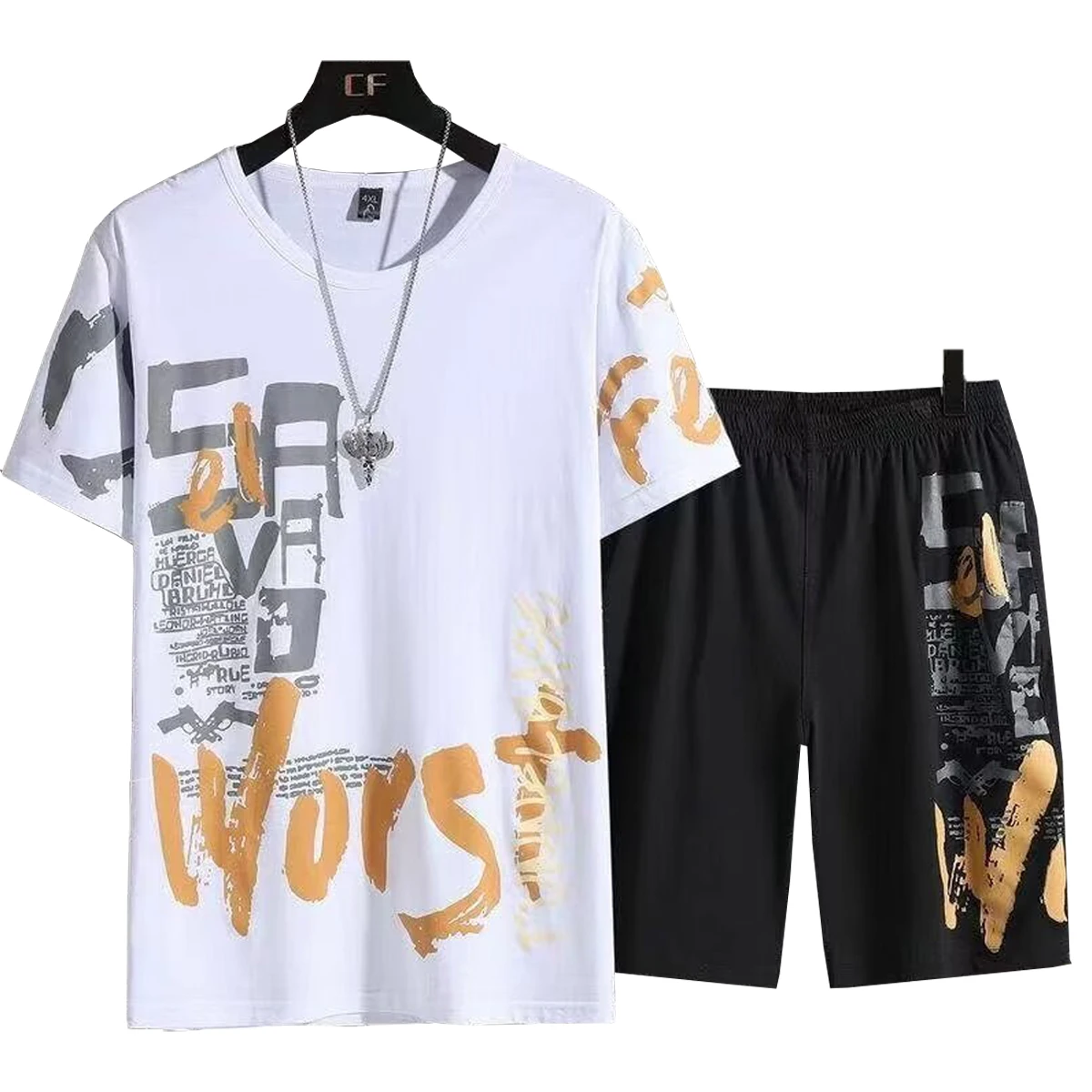 Men's Short Sleeved T-shirt Casual Shorts Set Round Neck Fashionable Printed Five Quarter Shorts Spring Summer Young People