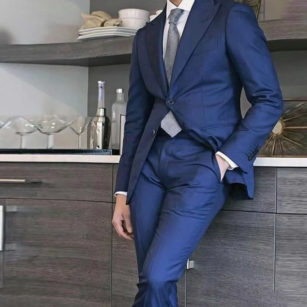 

Royal Blue Men's Suits Chic Single Breasted Peak Lapel Business 2 Pieces Wedding Groom Prom Male Slim Fit Jacket With Pants