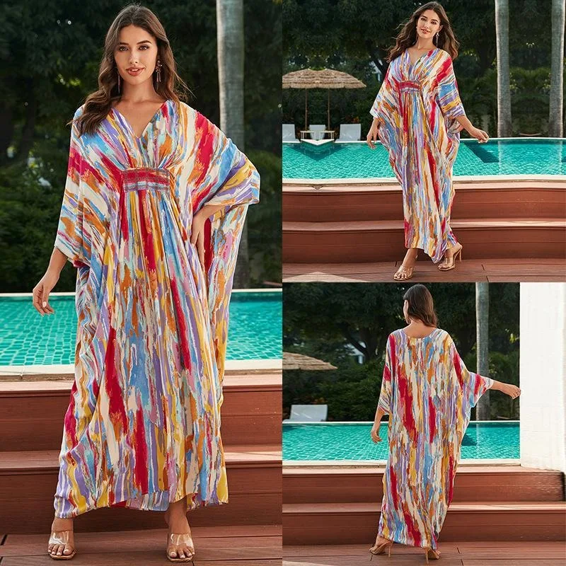 WeHello - 2024 New Cotton Colored Beach Coverup Loose Robe Style Vacation Sun Protection Shirt Bikini Cover Shirt