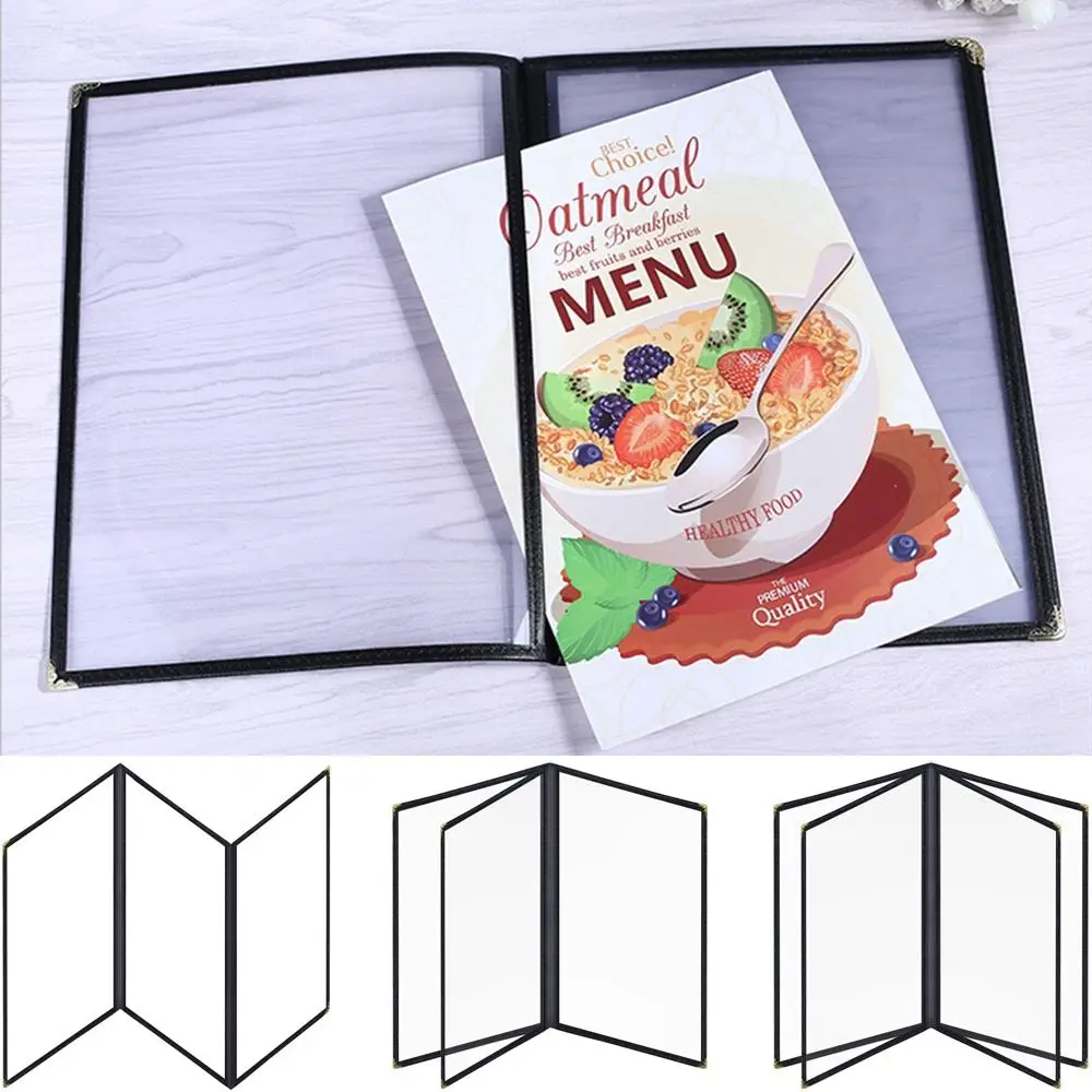 

Foldable PVC Transparent Menu Cover Metal Corners Reusable A4 Menu Paper Holder Double Panels Protective Loose Leaf Binder