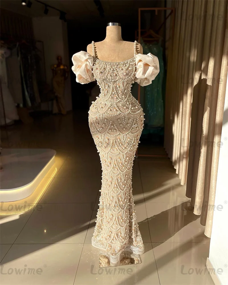 Nackte volle Perlen Perlen Ballkleid Spitze arabische Abendkleider anpassen Meerjungfrau Spaghetti