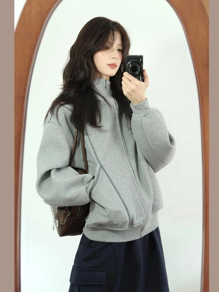 

Hooded sweater jacket women's pure gray simple fashion versatile American retro autumn and winter new baseball jersey upscale