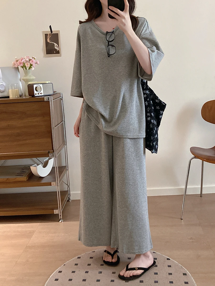 plus Size Lazy Set Women Summer Loose Feel Short Sleeve Casual Slimming Meat Covering Wide Leg Eighteen Pants Fashionable Two...