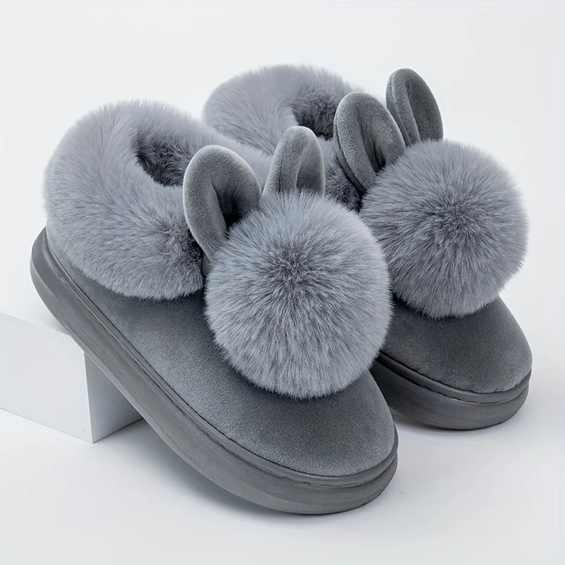 

Winter Warm Home Fur Boots Womens Indoor Home Rabbit Shoes Furry Ears Footwear Indoor Bedroom Flat Heels Fluffy Ankle Boot