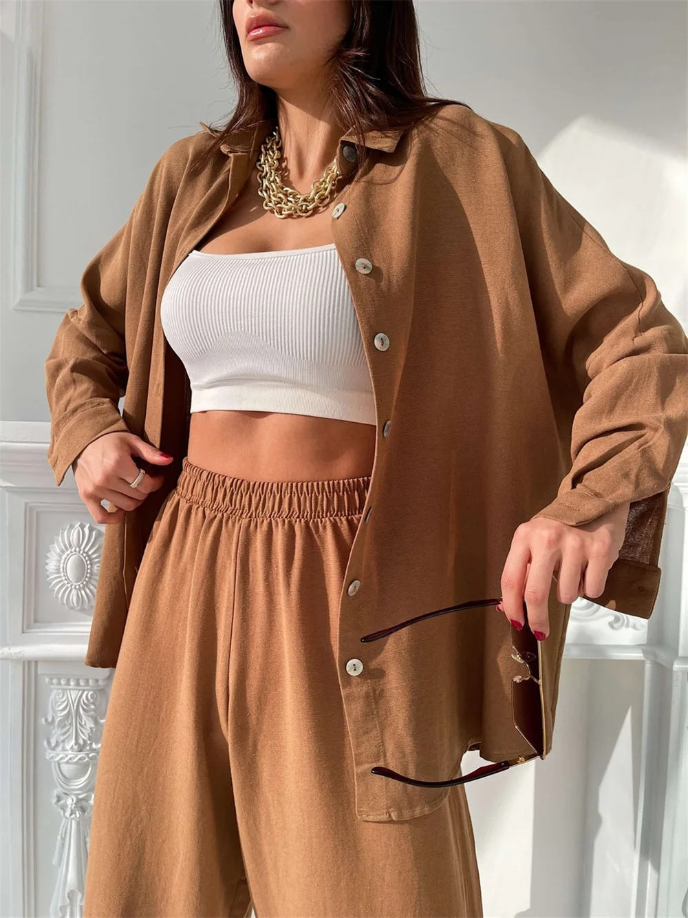 Long Sleeve Shirt Tops Harem Pants Suit Women Spring Casual Suit Two Piece Set Lapel Shirt Trousers OL Fashion Loose Outfits