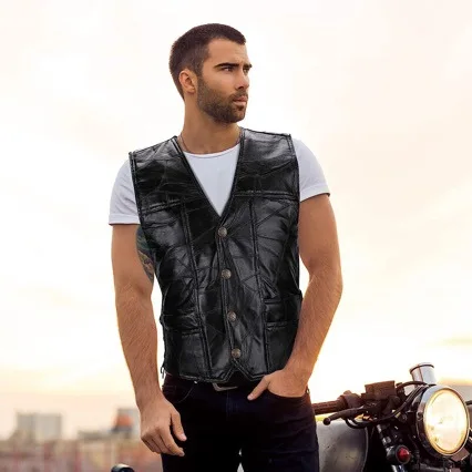 Men's Fashion Leather Biker Vests Faux Leather Motorcycle Rider Waistcoat Sleeveless Windproof Jakcet For Male V Neck