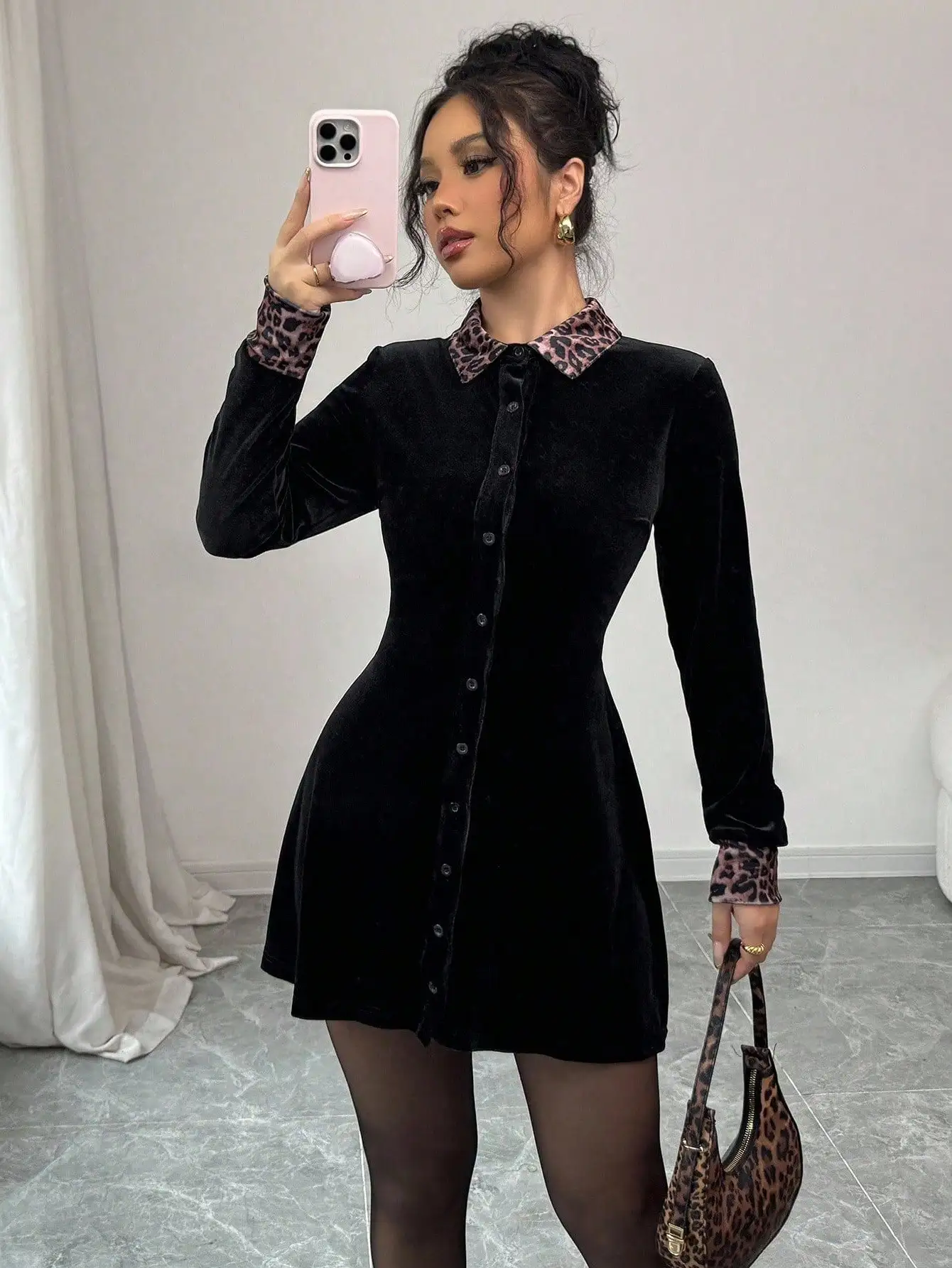 

Black Velvet Button-Down Dress with Leopard Print Collar and Cuffs