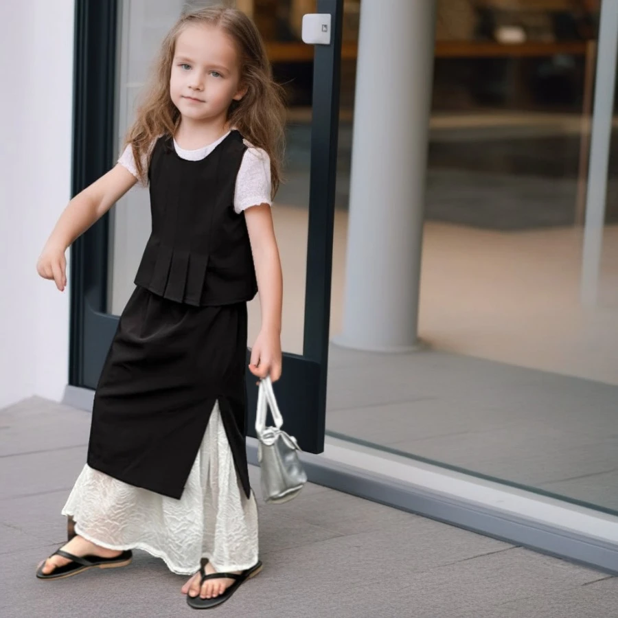 Girls Black Set 2026 Summer New Vest Skirt Two Pieces Teens Children Costumes Fashion Patchwork Chic Kids Clothing 6 8 10 Years