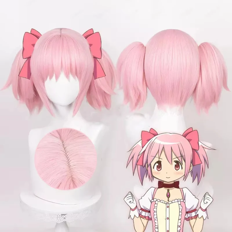 Madoka Kaname Cosplay Perücke Hohe Qualität Rosa Kurze Clip Pferdeschwänze Synthetische Haar Party Anime Cosplay Perücken