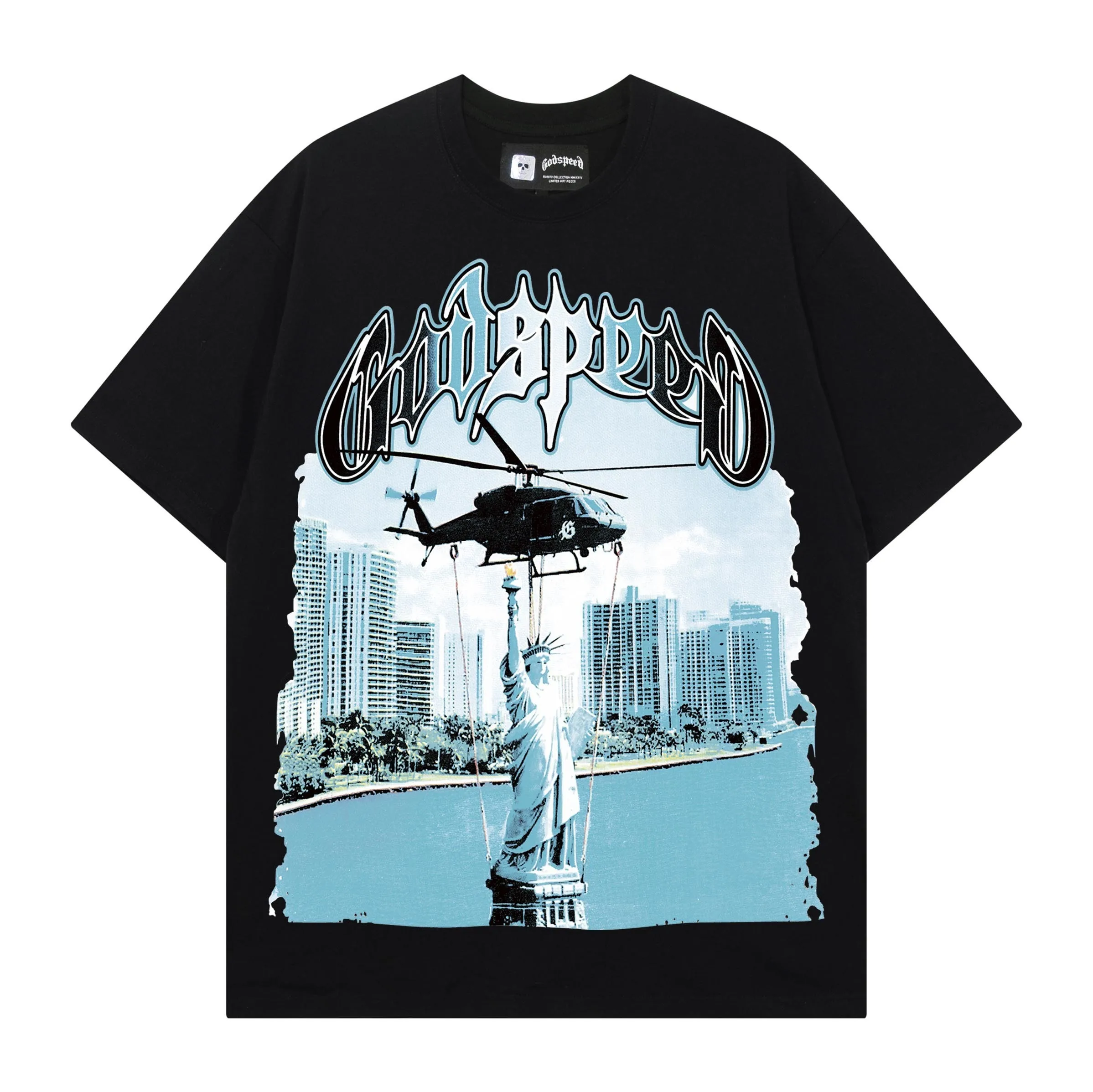 Heavyweight Godspeed American Retro Print INS High Hip Hop Summer Double Weave Loose Pure Cotton Short Sleeve T-Shirt