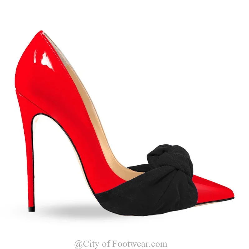 Escarpins en cuir verni et daim avec nœud pour femmes, chaussures à bout pointu, talons hauts fins, robe de soirée et de bureau, élégantes, grande taille, 2025