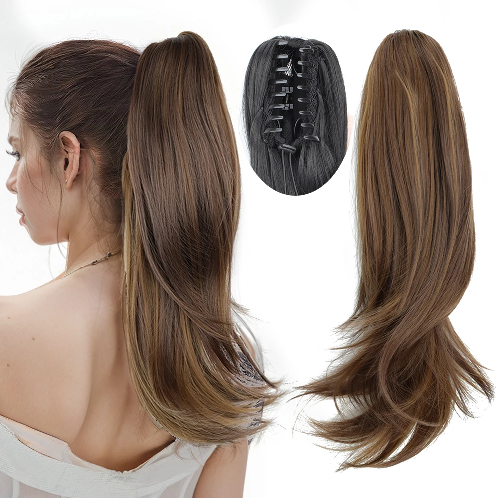 合成ロングウェーブポニーテールヘアエクステンションブラウンブラック18インチ爪クリップポニーヘアピース日常使用用ヘアアクセサリー
