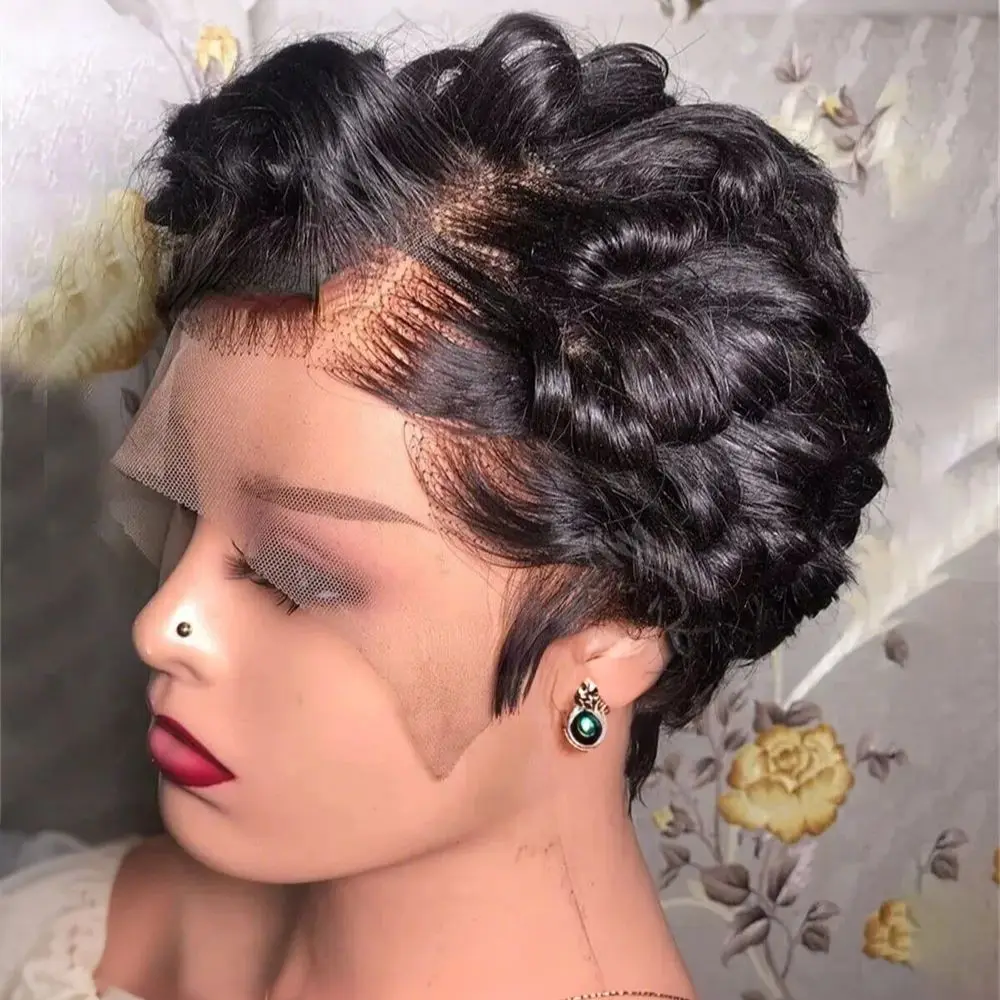 شعر مستعار قصير مجعد مموج بقص عابث بدانتيل أمامي 13 × 4 شعر بشري دانتيل شفاف للمظهر الطبيعي والارتداء اليومي #5