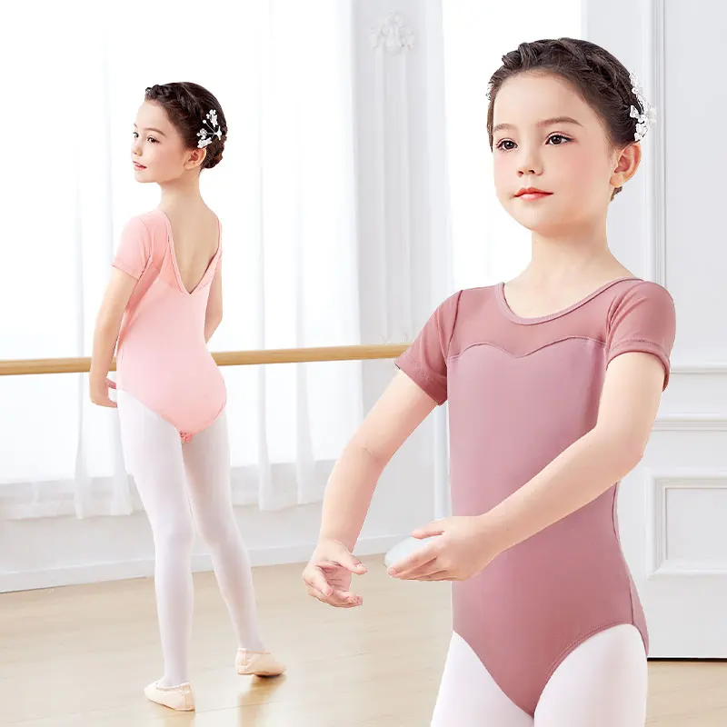 Ballet Leotards Girls Dance Leotards Kids Ballet Dancing Bodysuit Leotards Girls Cotton Splice Short Sleeves Gymnastics Leotard