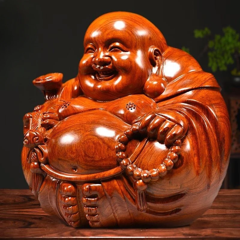 Statue de Bouddha Maitreya en Bois Massif, Ornements Artisanaux Carimplantés à la Maison, Culte de Bouddha, Figurine Feng Shui Intense, 1 Pièce