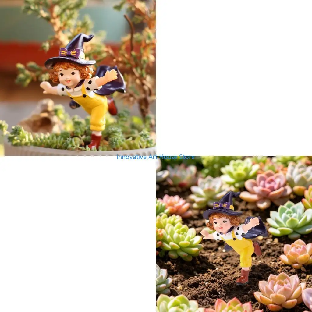 E1PC Small Resin Witch Character Figure for Plant Containers and Table Display, Pointed Hat Statue for Shelf, Desk, Planter, and