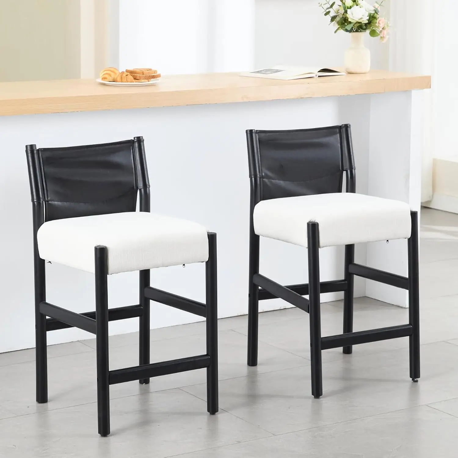 Modern Barstools Set of 4, 26 Inches Counter Height Bar Stools with Wooden Frame, Linen Upholstered Black Leather Back Counter S