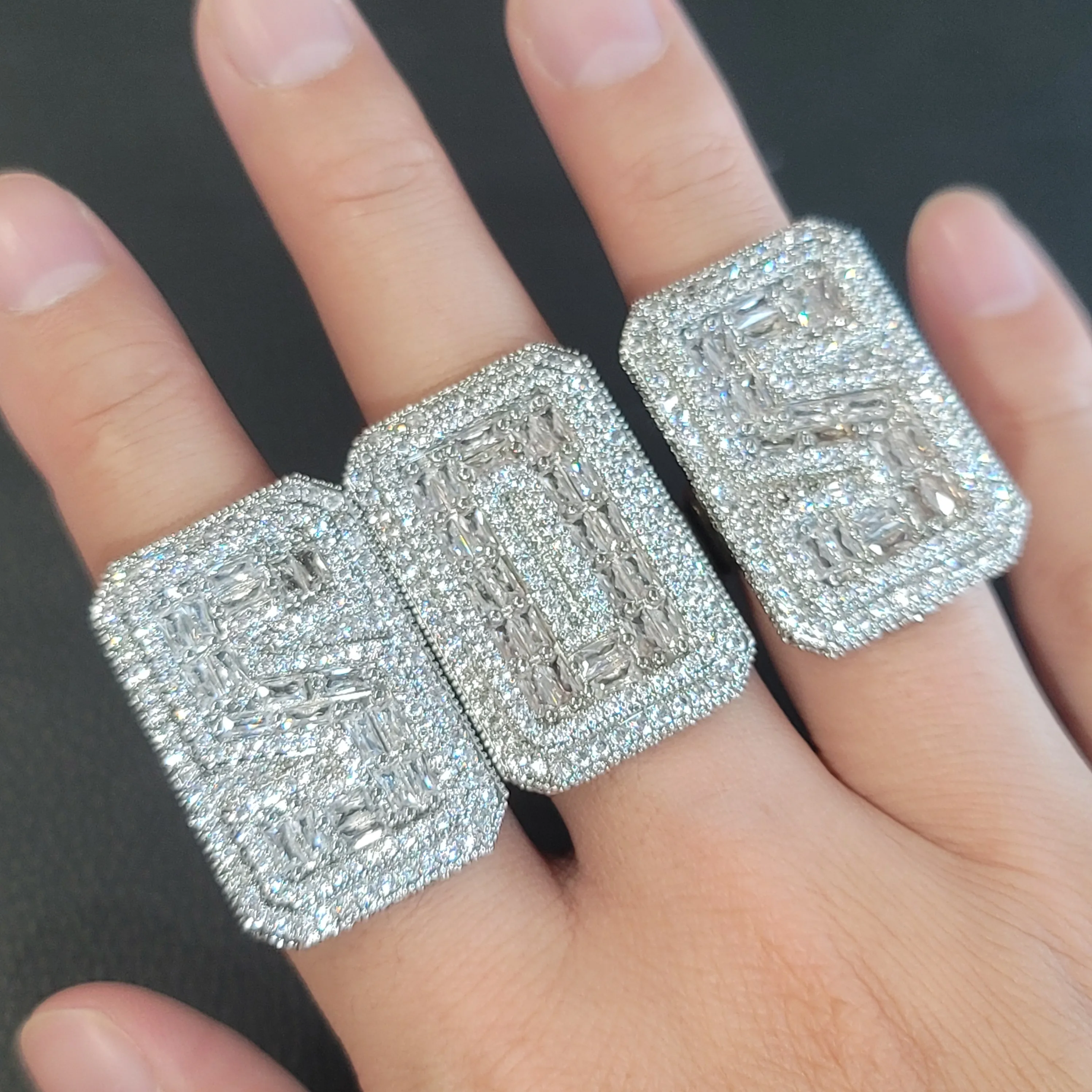 

Customized Initial Letter Ring Iced Out Square Baguettecz Rings Personalized Adjustable Size Hip Hop Jewelry Gifts For Him Her