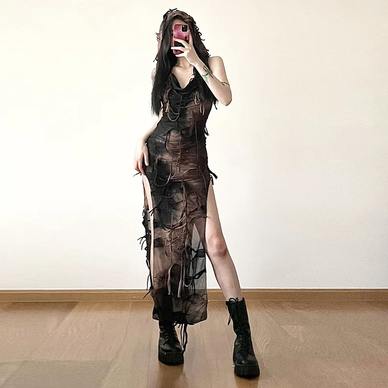

Women's sleeveless hooded Gothic-style maxi dress, Y2K punk-sexy post-apocalyptic high-cut dress, club party gown