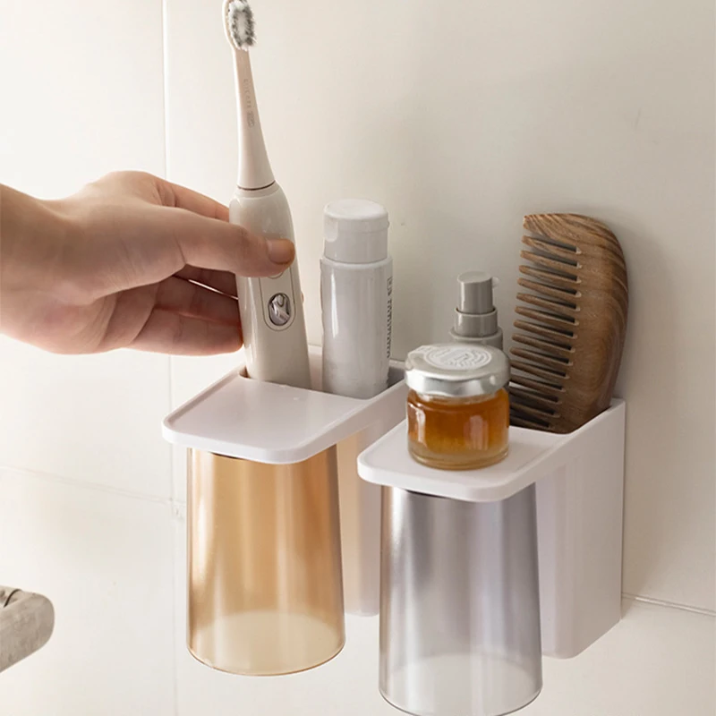 1pc Wall Mounted Toothbrush Holder, Magnetic Mouthwash Cup, Multifunctional Toothbrush Storage Rack, Bathroom Accessories