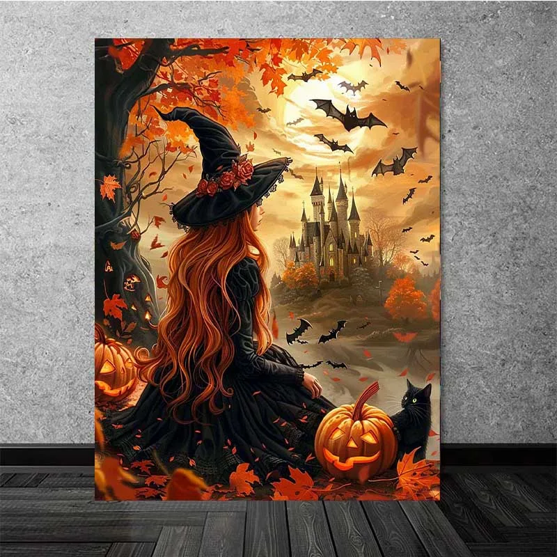 Witch 5D DIY Diamond Painting Kit Spooky Ghost Diamond Embroidery Full Diamond Mosaic Art Picture Halloween Decoration Sticker