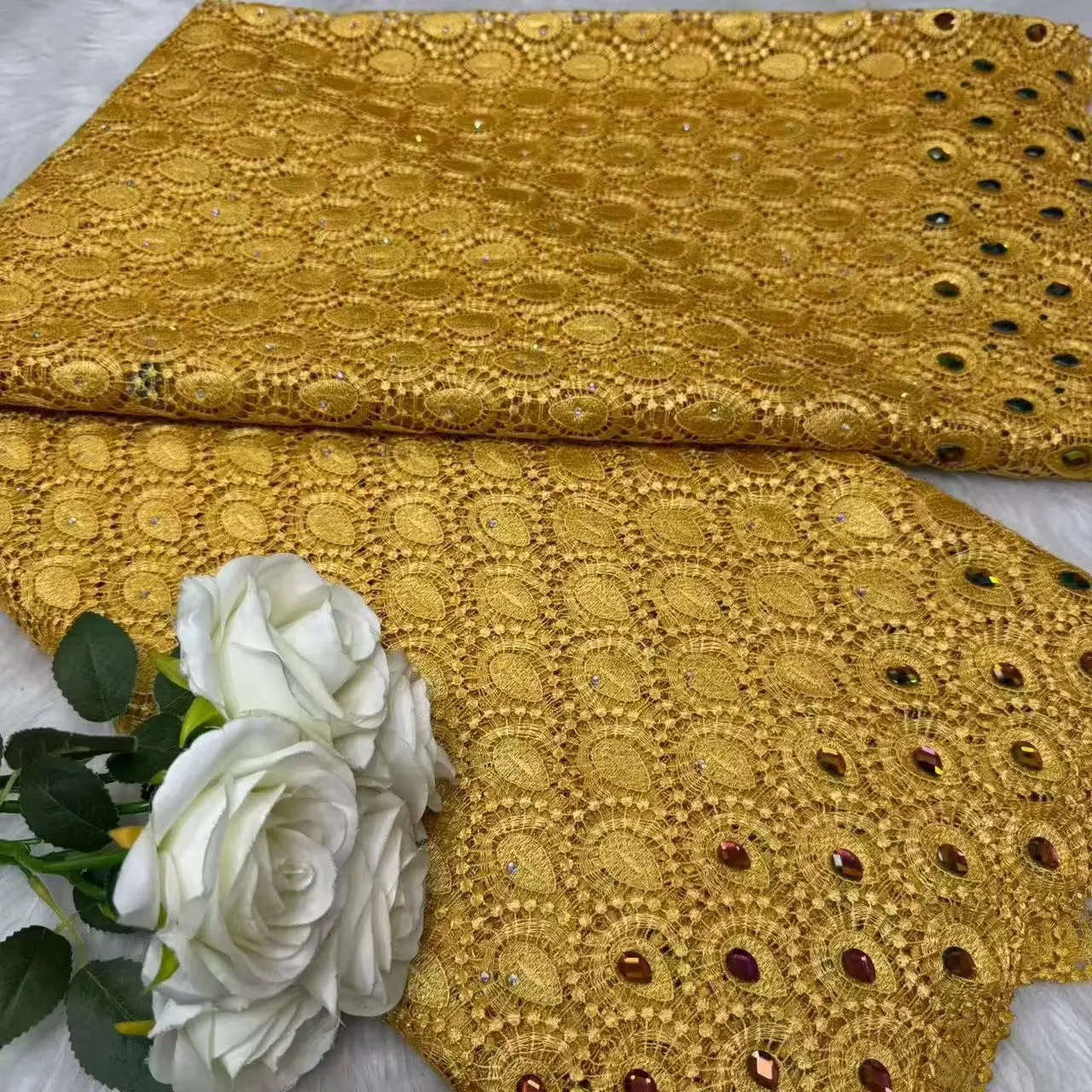 White African Guipure Cord Lace Fabric Stones 2026 High Quality Lace Material Bridal French Fabric For Nigerian Wedding Hm197-1