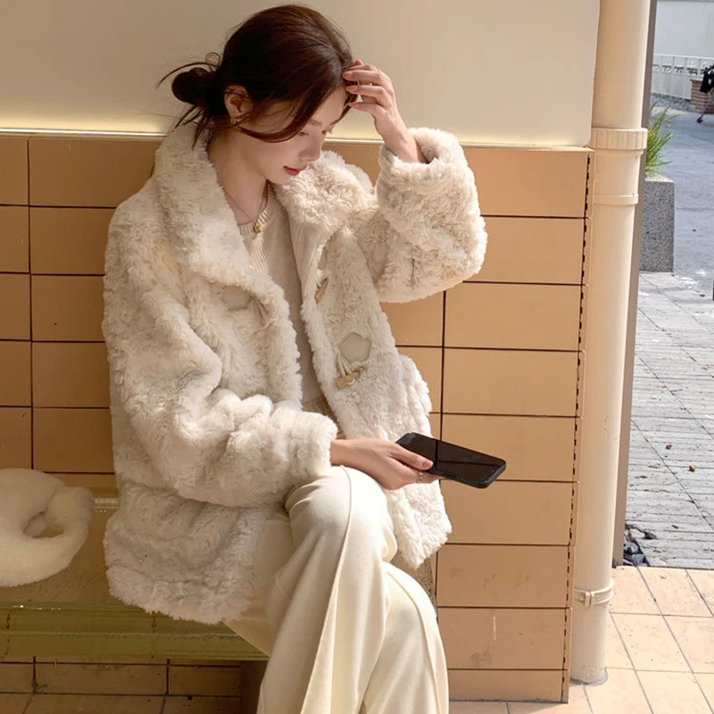 Beige Horn Buttons Faux Fur Coat Women 2024 Winter Long Sleeve Lamb Wool Jacket Woman Korean Fashion Thicken Warm Outwear Female