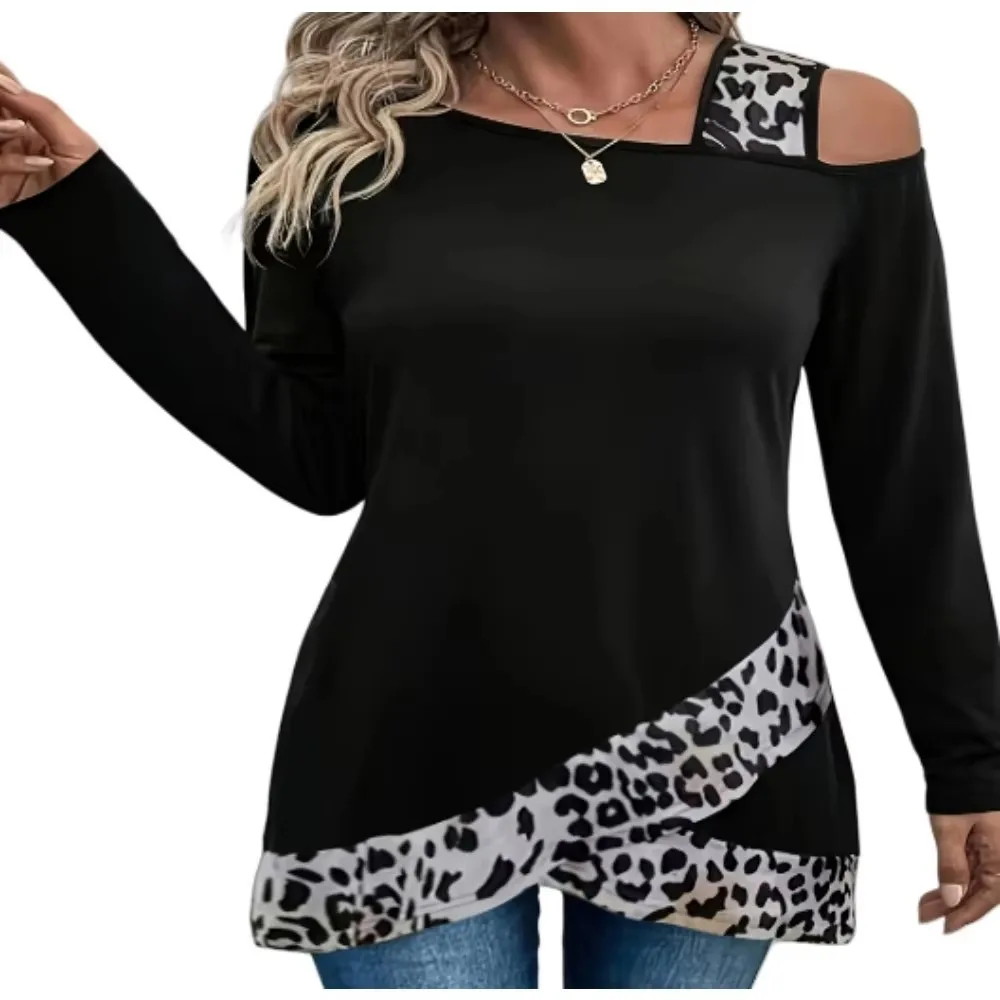 เสื้อยืดแขนยาวแฟชั่นผู้หญิงไซส์ใหญ่ 1XL-5XL แบบเปิดไหล่ แต่งสีตัดกัน เสื้อผู้หญิงลำลองแขนยาว เสื้อเชิ้ตตัวบน