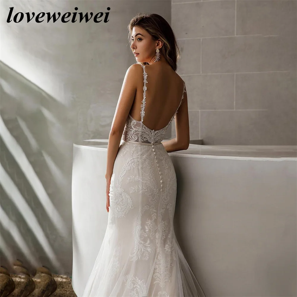 Vestido De Novia con escote en V y tirantes finos, apliques De encaje, espalda abierta, cola De barrido, sirena