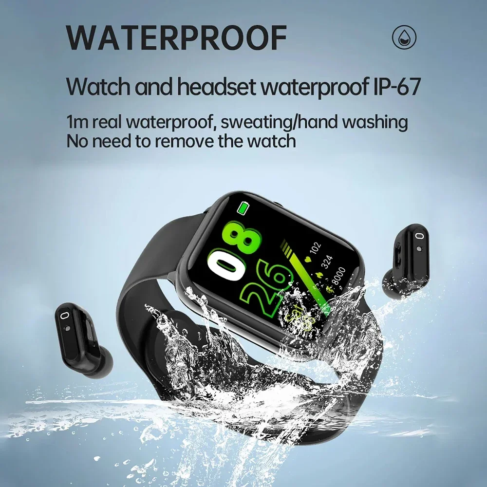 Men Women Heart Rate Sleep Monitor 2 in 1 with Earbuds Bluetooth Watch Buds Android IPhone Fitness Tracker