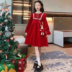 2023 autumn Teenager kids Girls corduroy clothes Princess Dress lace mesh collar A-LINE retro winter Christmas 4 to 12 new Years