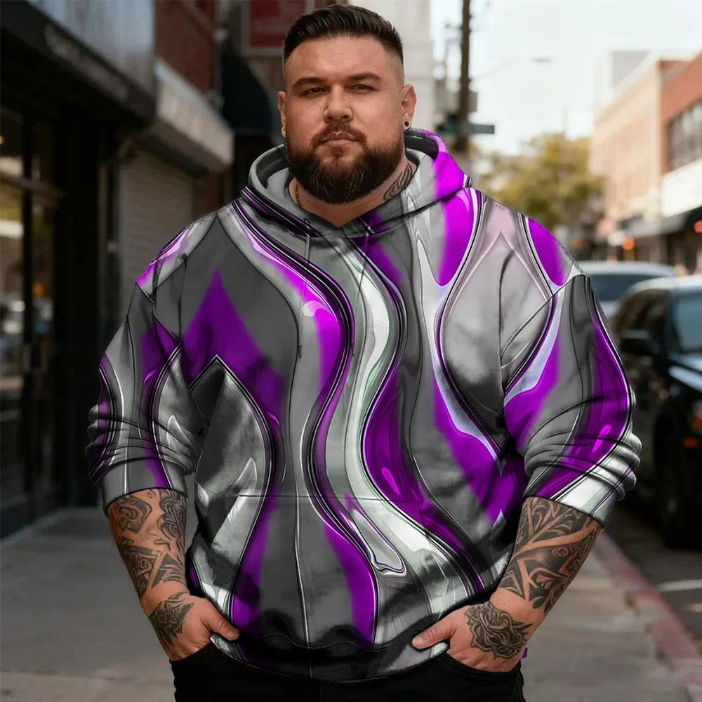 Men's Plus Size Abstract Pullover Hoodie, Flowing Smoke or Curled Ribbon Effect Prints, Sweeping Curves on Front and Back, S-9XL