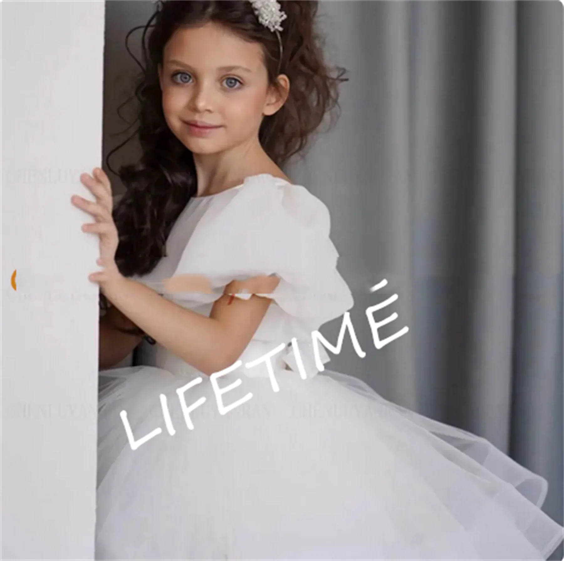 Simple Organza Flower Girls Dresses 2023 Short Puff Sleeves Ivory Kids Wedding Party Dress A-Line Knee-Length Girl Princess Gown