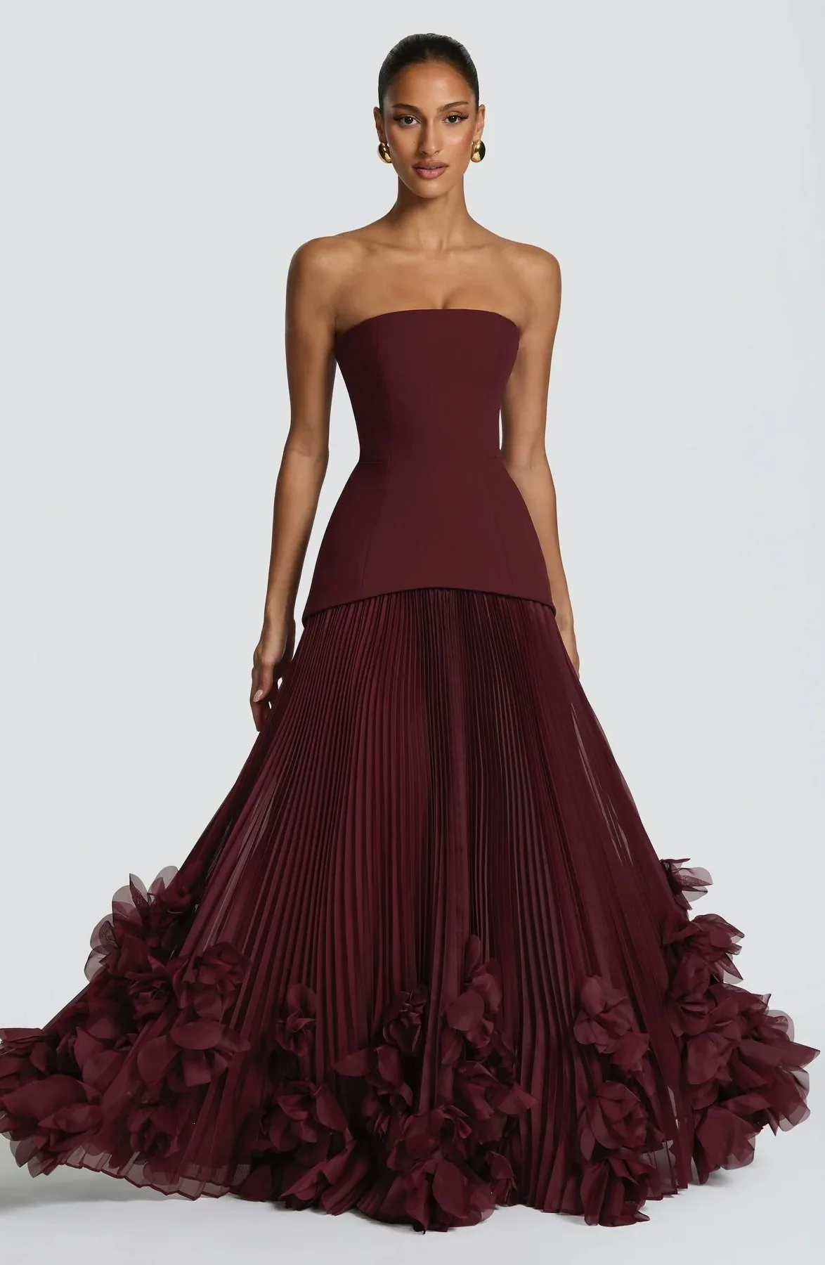 Women Strapless Burgundy Maxi Evening Dress, Pleated Long Gown With 3D Floral Hem, Formal Wedding Guest Party Prom Dress