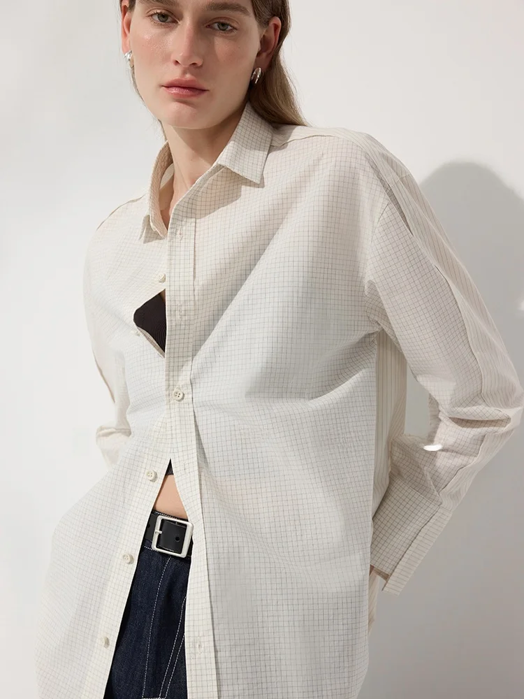 

Casual Sle Pure Cotton Long Sve White irt Women's Spring 2026 Early Spring Simple Leisure Plaid Pattern Four Seasons