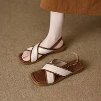 New Minimalist Square Toe Woven Sandals Women Cross Strap Slingback Flats Elegant French Style Summer Shoes Vacation Footwear - Image 5