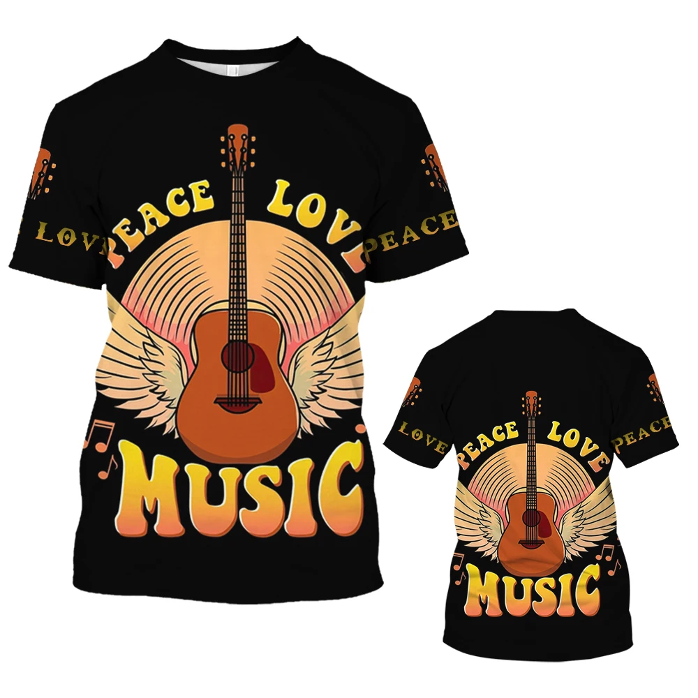 Summer New Vintage Men's T-shirt Guitar Pattern 3D Printing Music Fashion O-Neck Extra Large Daily Versatile Short Sleeve Shirt