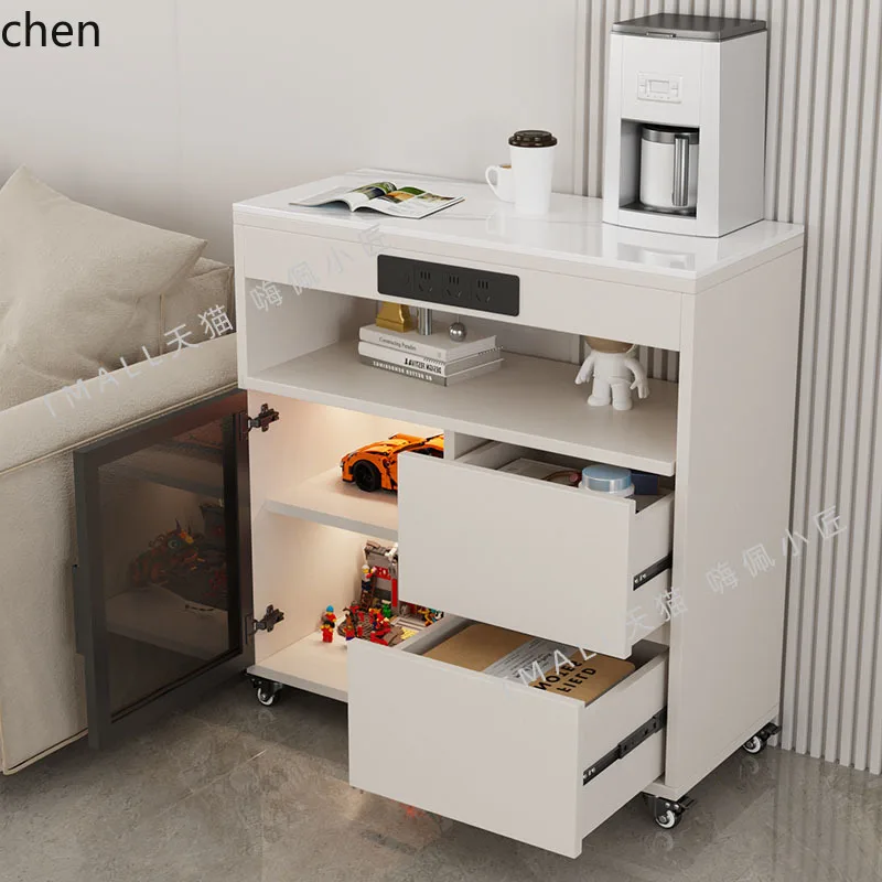 ZML Smart Sofa Side Cabinet with Socket Ultra Narrow Side Cabinet Movable Living Room Tea Cabinet
