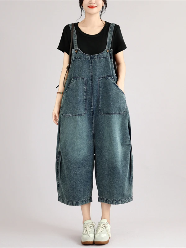 Retro Washed Denim Overalls Loose Fit Wide Leg Seven Inch Pants Women's plus Size Fashion Slimming Artistic Casual Trousers