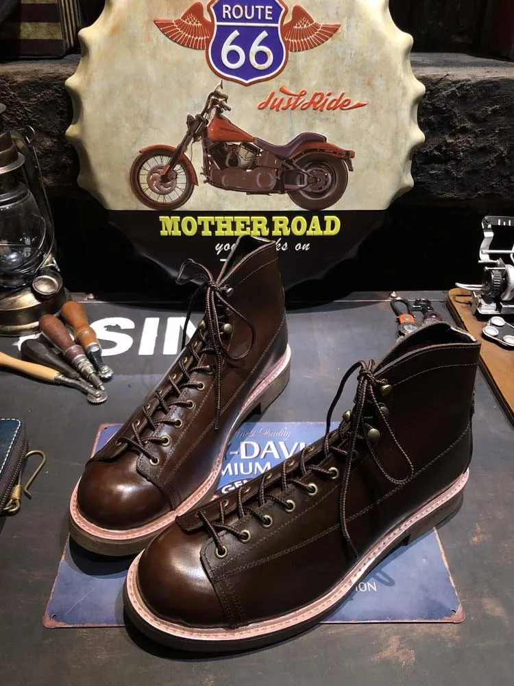 Vintage British Style Genuine Leather Boots Men Cowboy Work High Top Shoes Lace Up Handmade Cowhide Motorcycle Short Boots Male