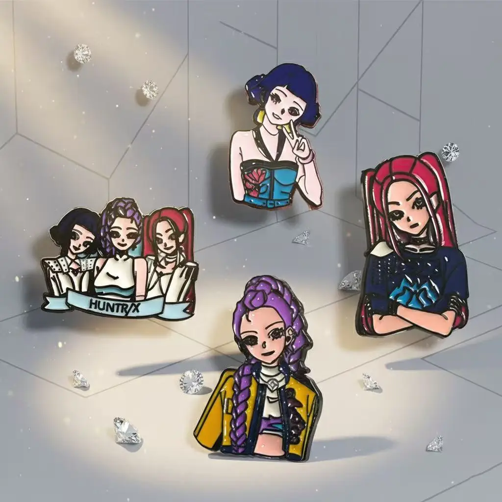 4 قطعة KPop شيطان الصيادين المينا بروش شارة HUNTR/X سبيكة ظهره ملحق رومي ميرا زوي تصميم مجوهرات هدية للأطفال