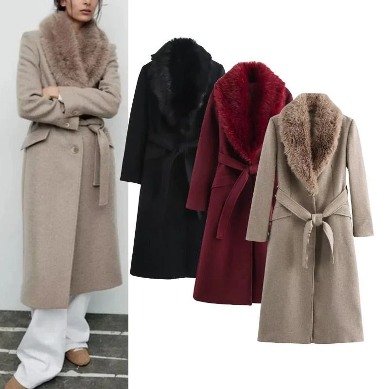 New Women's High-End Fake Fur Collar Long Coat with Belt Elegant Commute Style Straight Cut Long Sleeve Winter Outerwear