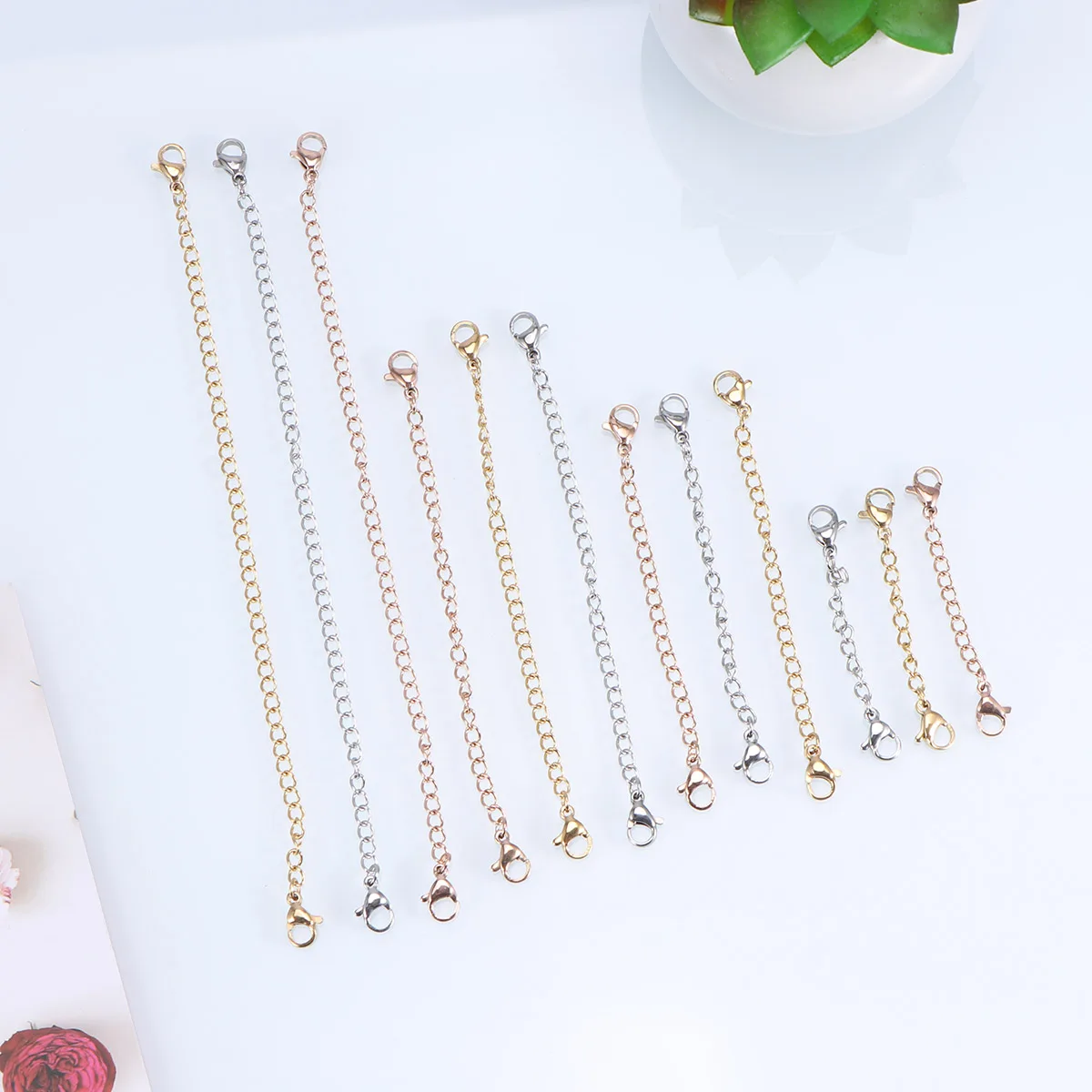 

12pcs Lobster Clasp Extender Chain Set Stainless Steel Necklace Bracelet Connector 50mm 75mm 100mm 150mm Jewelry DIY Findings
