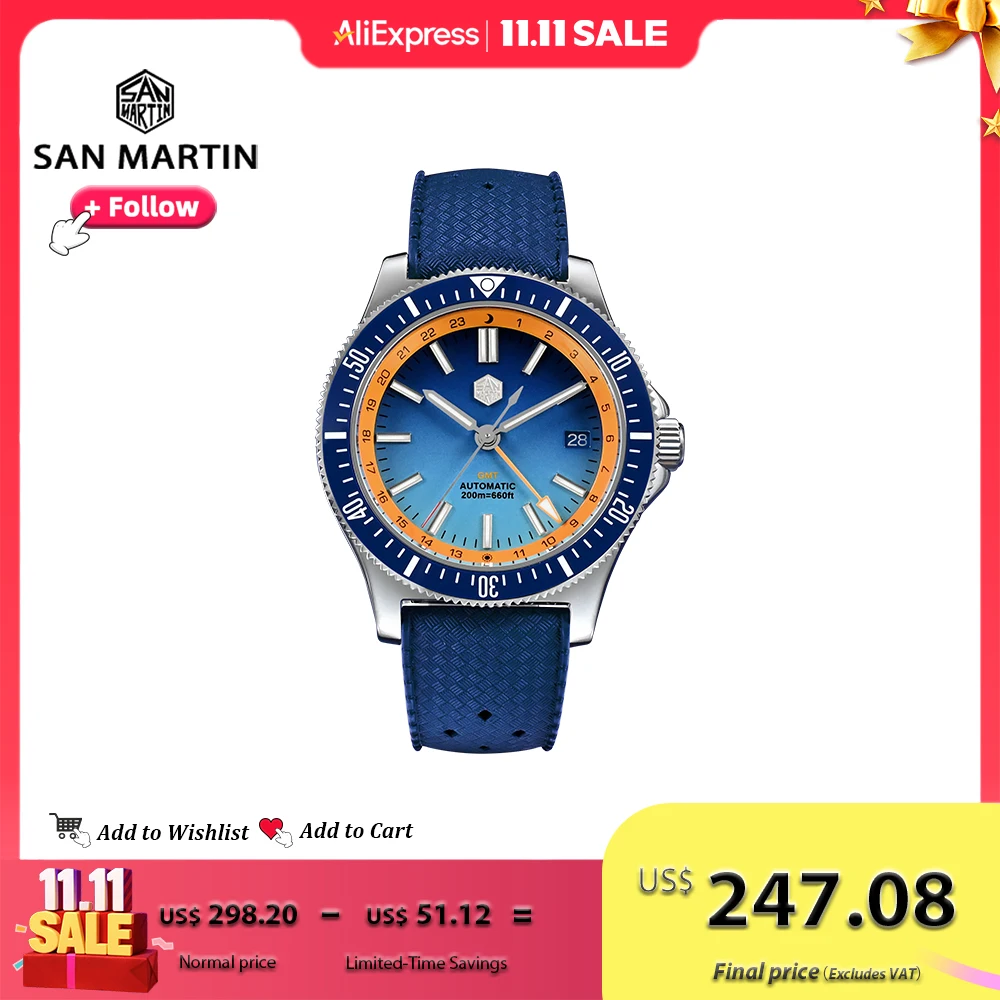 

San Martin Design 41mm Men Sports Diver Watch NH34 Stainless Steel Automatic Mechanical Watches Waterproof 20bar Luminous SN0119