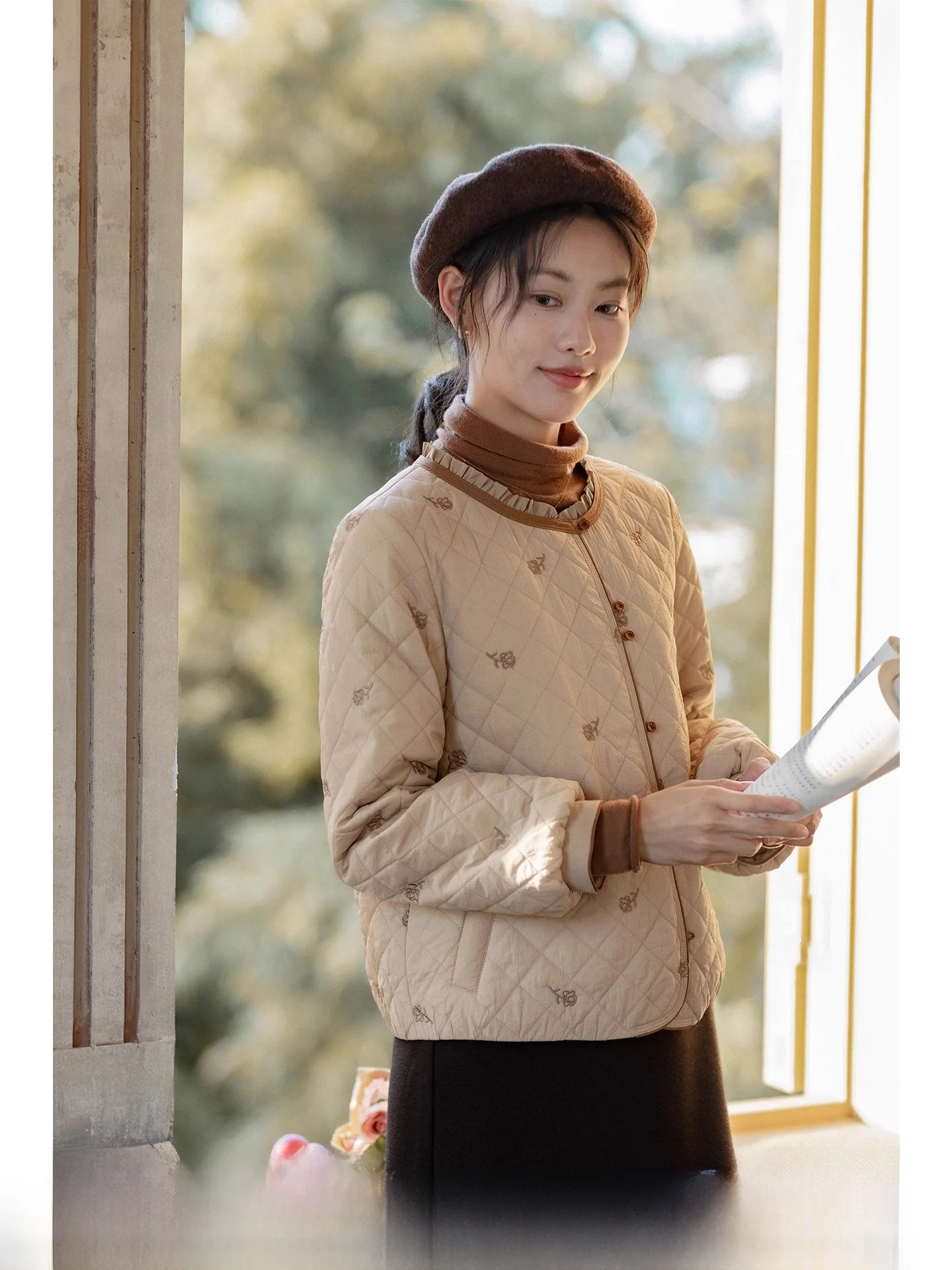 

Khaki Cotton Jaet Women's Loose ort Design Winter New Sle Commute Artistic Regular Sve Long Hoodl Pure Color