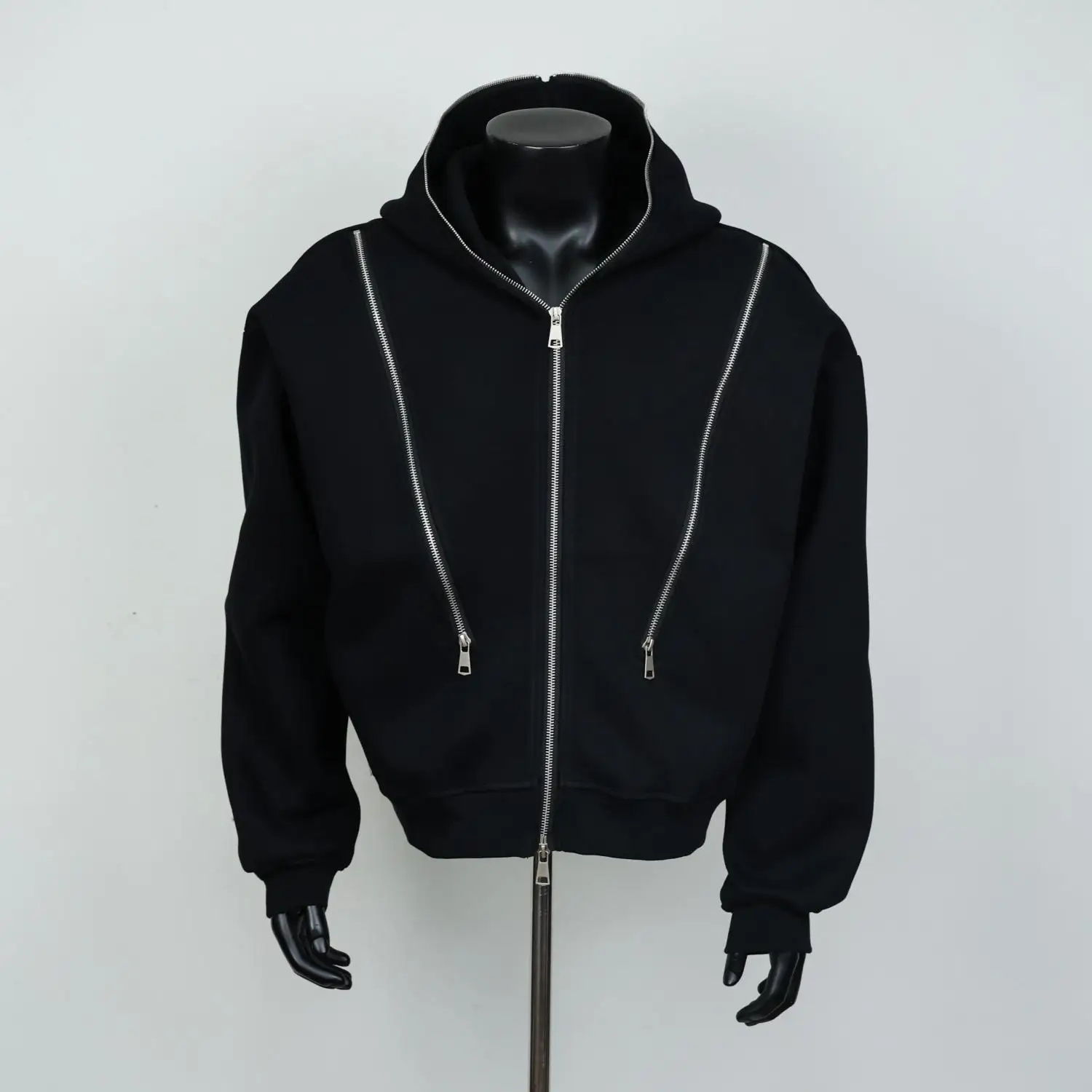 Black Hip Hop Men Zipper Hooded Sweatshirt Double-Waist Zipper Cardigan American Vintage Retro Fashion New Trend Streetwear