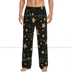 Mens Casual Pajama Long Pant Loose Elastic Waistband Golden Stars Black Background Cozy Sleepwear Home Lounge Pants