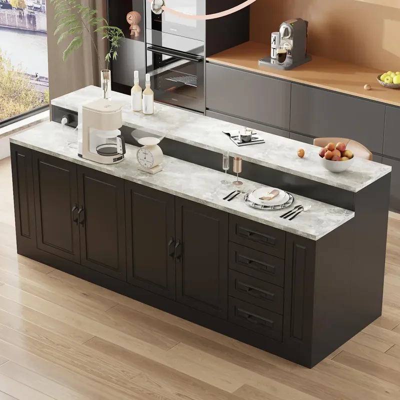 94.5 W Stationary Kitchen Island Storage Cabinet with Built-in Power Outlet 2 Countertop Adjustable Shelves and 3 Drawers for