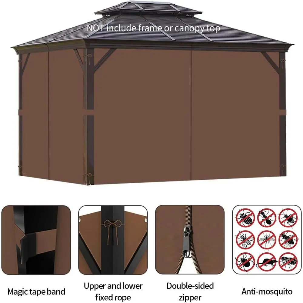 Wasserdichte Pavillon-Vorhänge für den Außenbereich, 10 x 12 Fuß, 4-teiliges Sichtschutzset mit Reißverschluss, für Garten und Terrasse (braun)